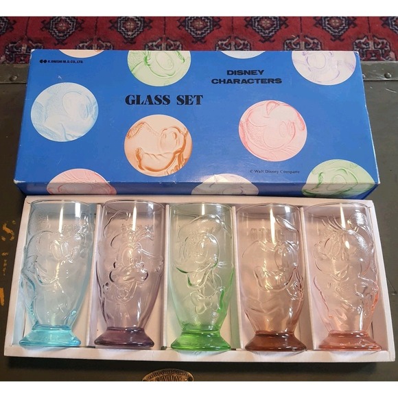 Vintage Disney Co. Characters Multi Color Drinking Glass Set Of 5 Tumblers NIB